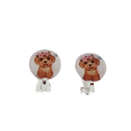 Small Round Dog Clip On Earrings