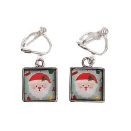 Small Square Santa Clip On Earrings