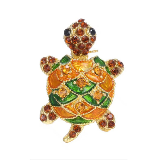 Small Cute Orange And Green Turtle Brooch
