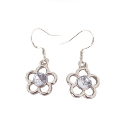 Small Drop Open Silver CZ Flower Earrings