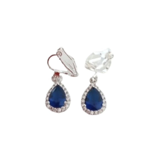 Small Drop Stone Blue Diamante Clip On Earrings