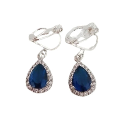 Small Drop Stone Blue Diamante Clip On Earrings
