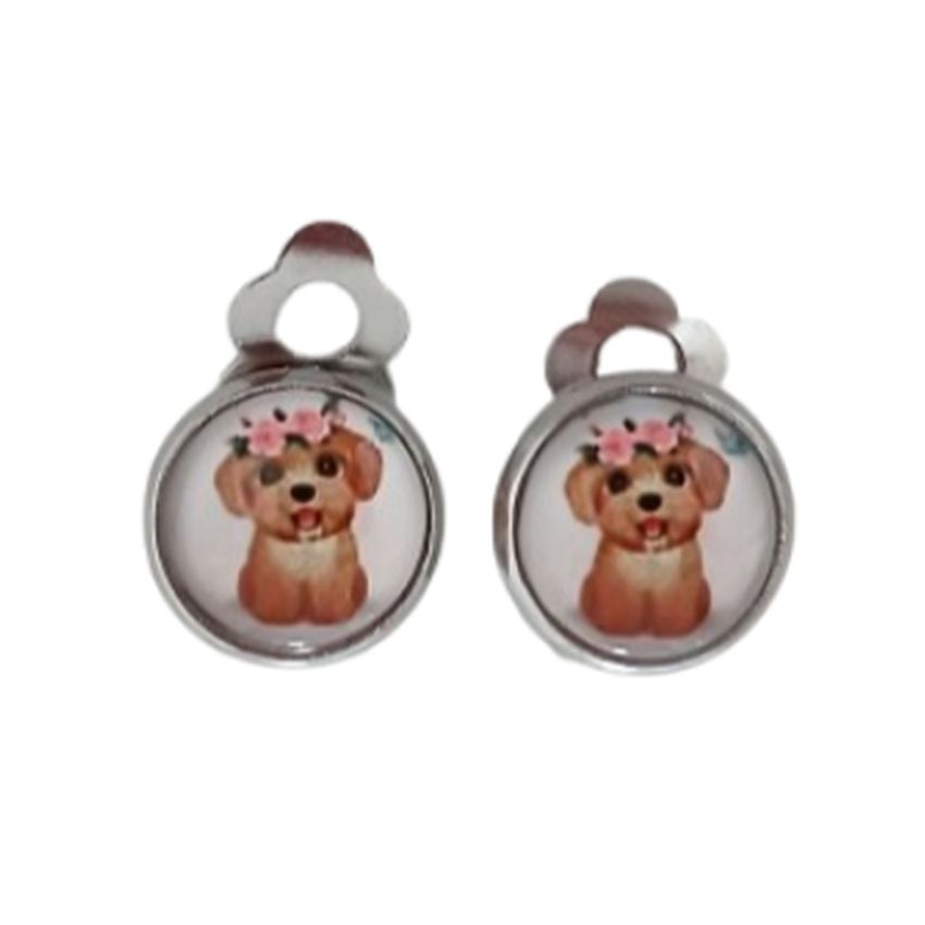 Small Round Dog Clip On Earrings