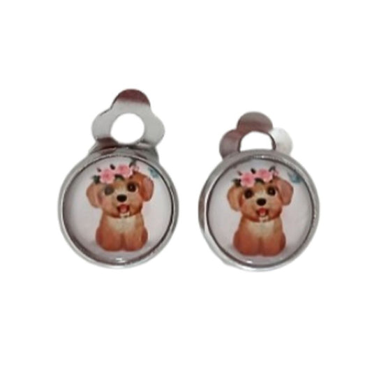 Small Round Dog Clip On Earrings