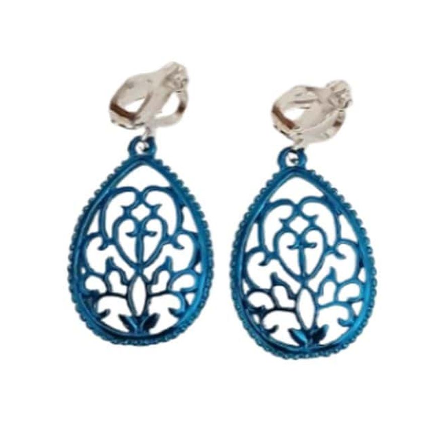 Smokey Blue Dangly Clip On Earrings