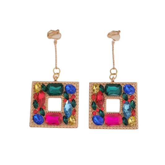 Square Very Long Multi Colour Clip On Earrings