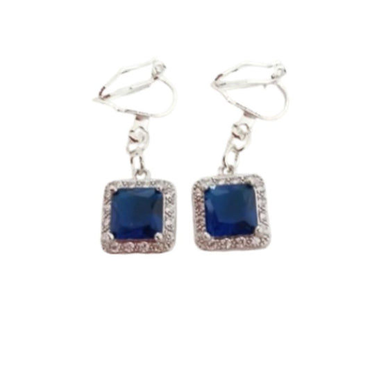 Square Blue Diamante Clip On Earrings