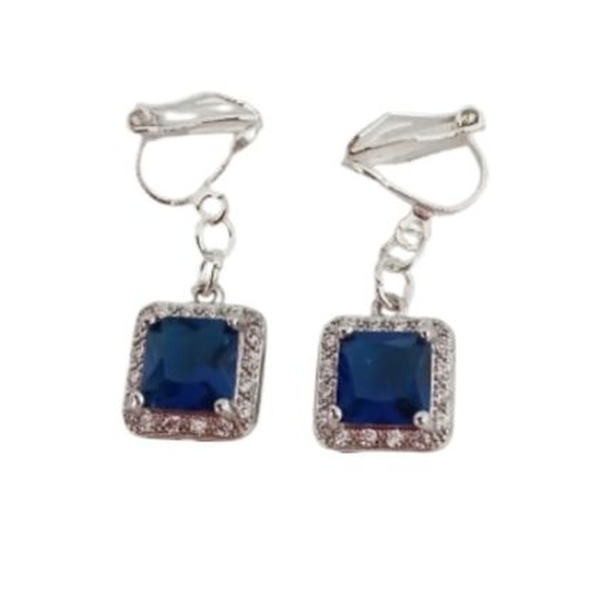 Square Blue Diamante Clip On Earrings