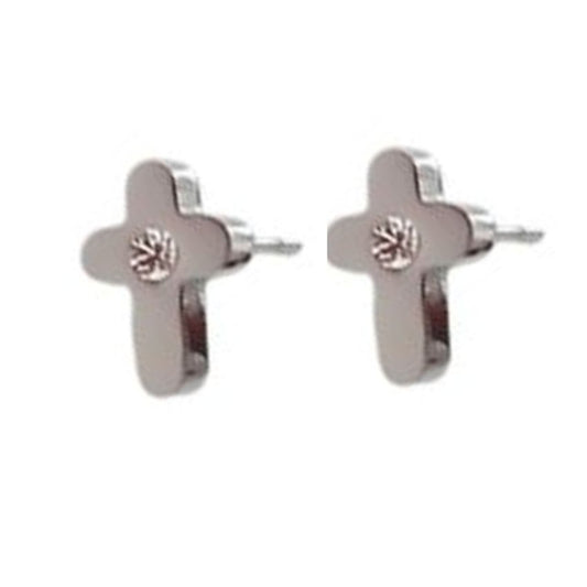 Stainless Steel Girls Cubic Zirconia Centre Cross Communion Earrings