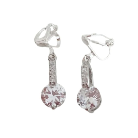 Stem Round Zirconia Drop Clip On Earrings