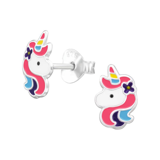 Sterling Silver Coloured Enamel Girls Stud Unicorn Earrings