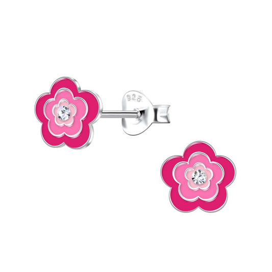 Sterling Silver Dark Pink Flower Earrings
