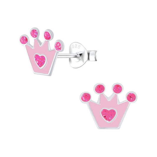 Sterling Silver Girls Pink Crown Earrings