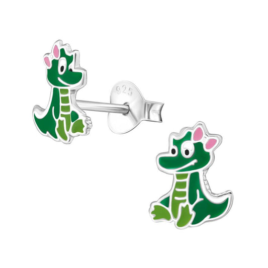 Sterling Silver Kids Enamel Dinosaur Earrings