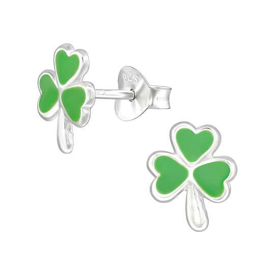 Sterling Silver Kids Green Shamrock Earrings
