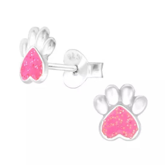 Sterling Silver Pink Dog Paw Earrings
