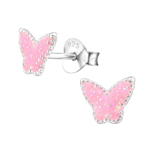Sterling Silver Pink Glitter Butterfly Earrings