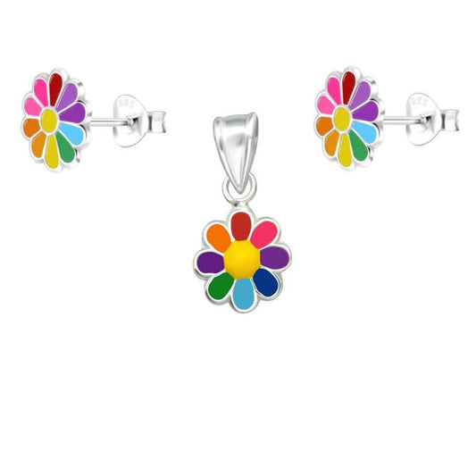 Sterling Silver Rainbow Flower Childs Matching Jewellery Set
