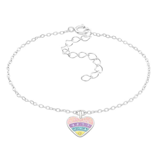 Sterling Silver Rainbow Heart Charm Bracelet