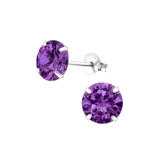 Sterling Silver Round 8mm Cubic Zirconia Earrings Purple