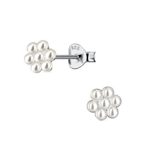 Sterling Silver Small Pearl Bead Flower Earrings
