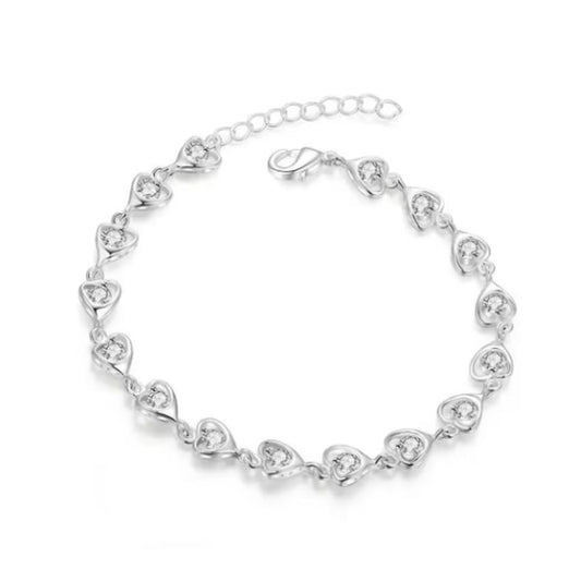 Sterling Silver Crystal Set Ladies Heart Link Bracelet