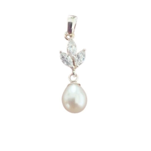 Sterling Silver Cubic Zirconia Leaf And Pearl Drop Pendant