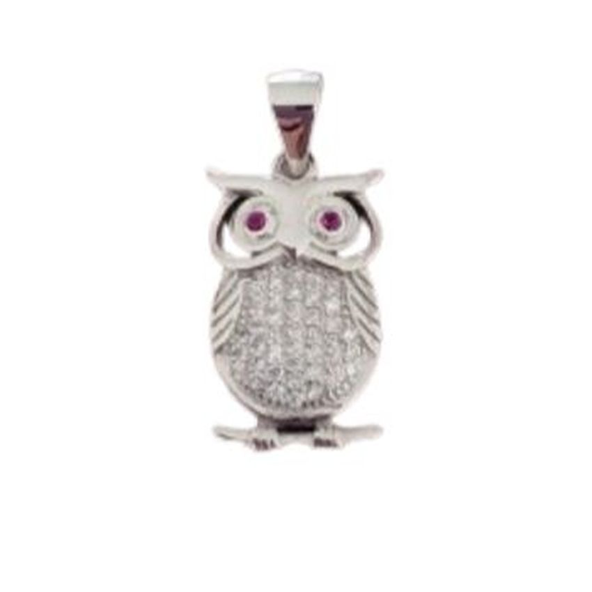 Sterling Silver Garnet Eyed Owl Pendant With a Cubic Zirconia Body