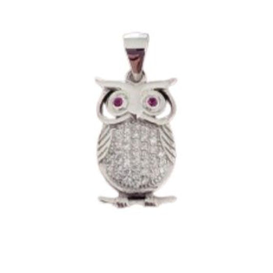 Sterling Silver Garnet Eyed Owl Pendant With a Cubic Zirconia Body
