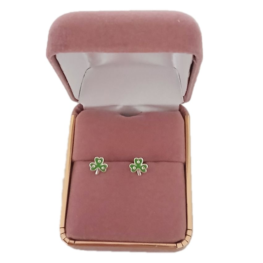 Sterling Silver Green Shamrock Stud Earrings(2)