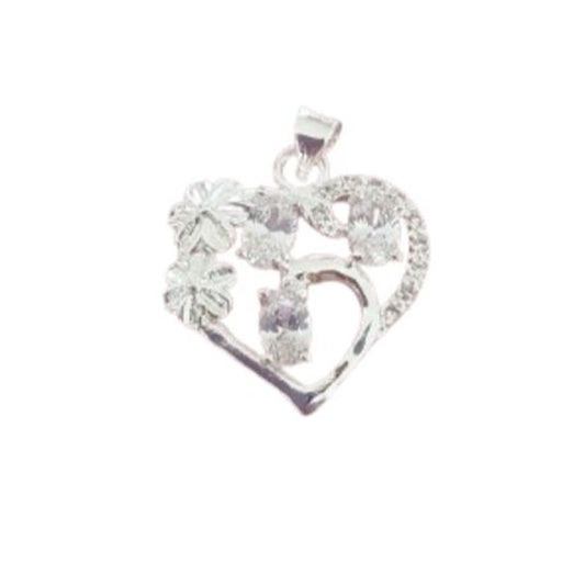 Sterling Silver Heart and Flower Design Crystal Pendant