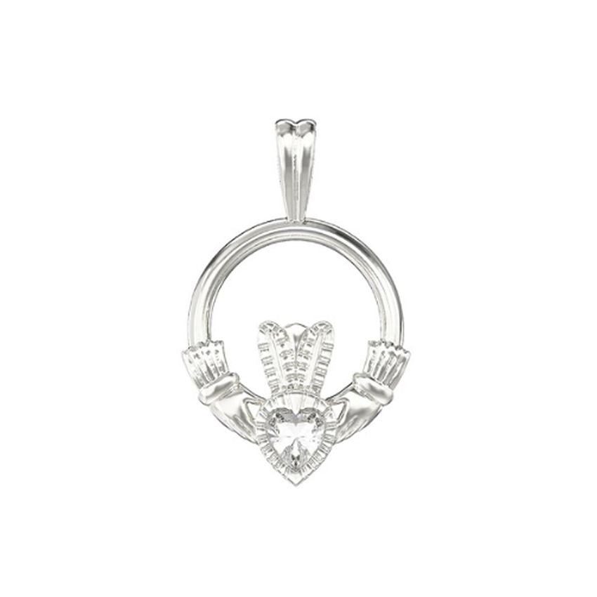 Sterling Silver Traditional Cubic Zirconia Set Claddagh Pendant