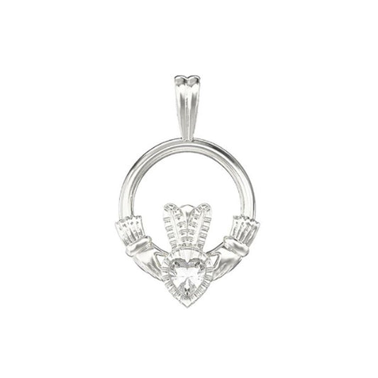 Sterling Silver Traditional Cubic Zirconia Set Claddagh Pendant