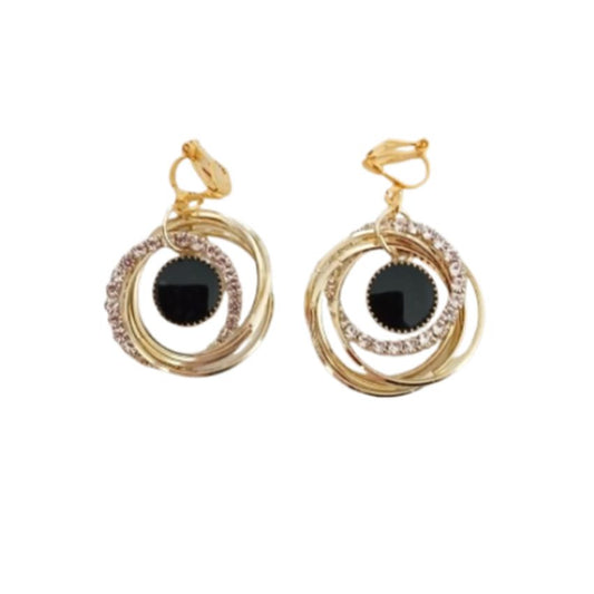 Swirl Circle Black Diamante Clip On Earrings