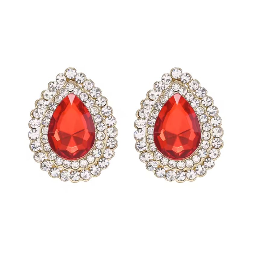 Teardrop Red Cushion Diamante Clip On Earrings