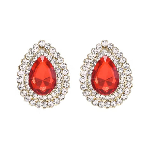 Teardrop Red Cushion Diamante Clip On Earrings