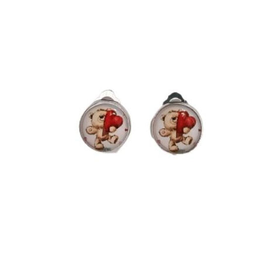 Teddy And Heart Clip On Earrings