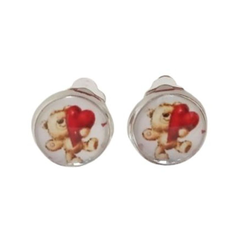 Teddy And Heart Clip On Earrings