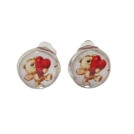 Teddy And Heart Clip On Earrings