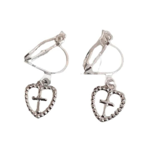 Tiny Cross In A Heart Clip On Earrings