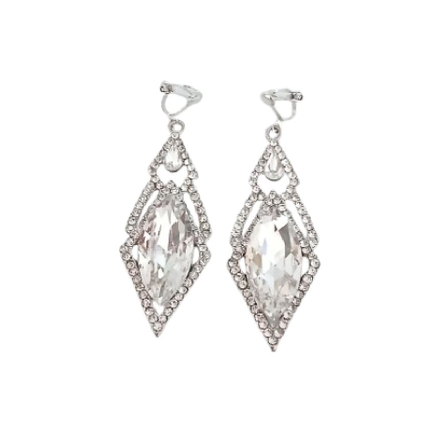 Triangle Drop Diamante And Silver Clip On Earrings