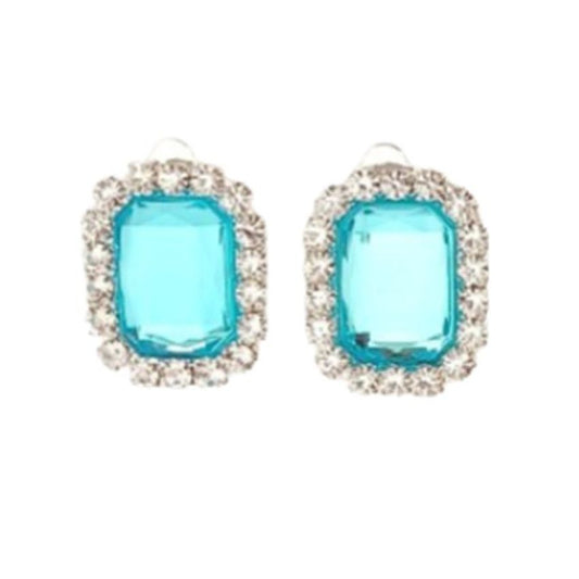 Turquoise Rectangle With Diamante Edges Clip On Earrings