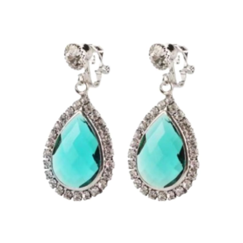 Turquoise Green Crystal Clip on Earrings