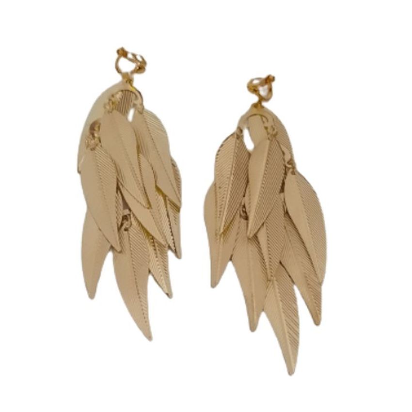 Very Large Leaf Drop Gold Clip On Earrings