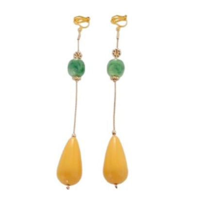 Very Long Green And Yellow Clip On Earrings