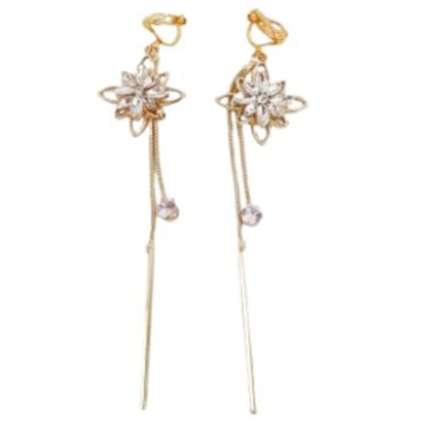 Very Long Diamante Flower Clip On Earrings