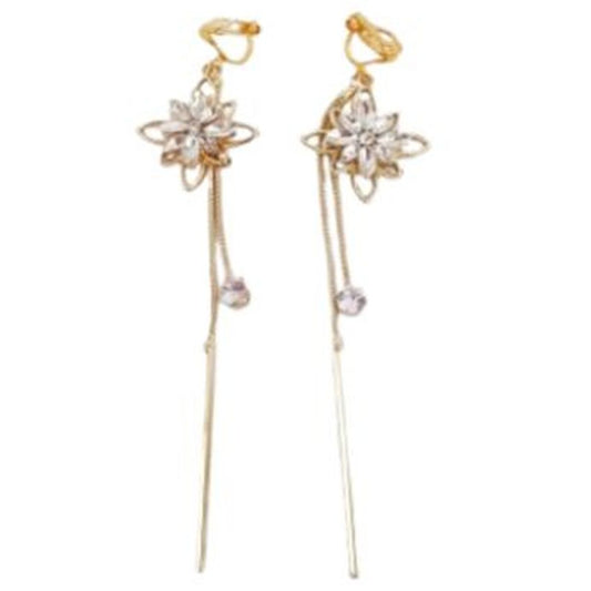 Very Long Diamante Flower Clip On Earrings