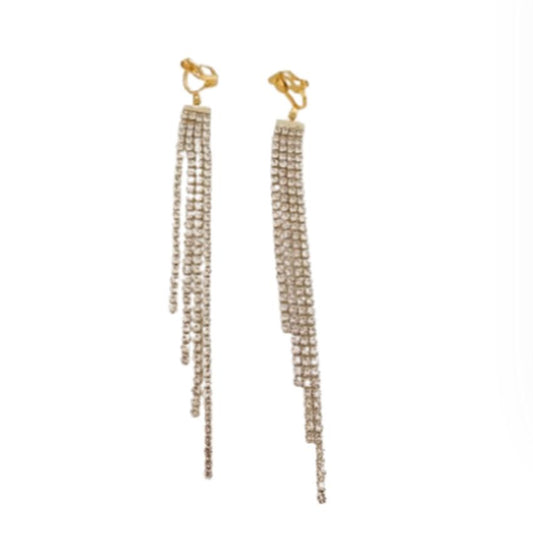 Very Long Diamante Strand Gold Clip On Earrings