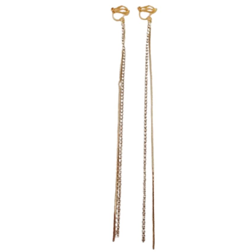 Very Very Long Diamante Gold Clip On Earrings