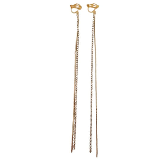 Very Very Long Diamante Gold Clip On Earrings